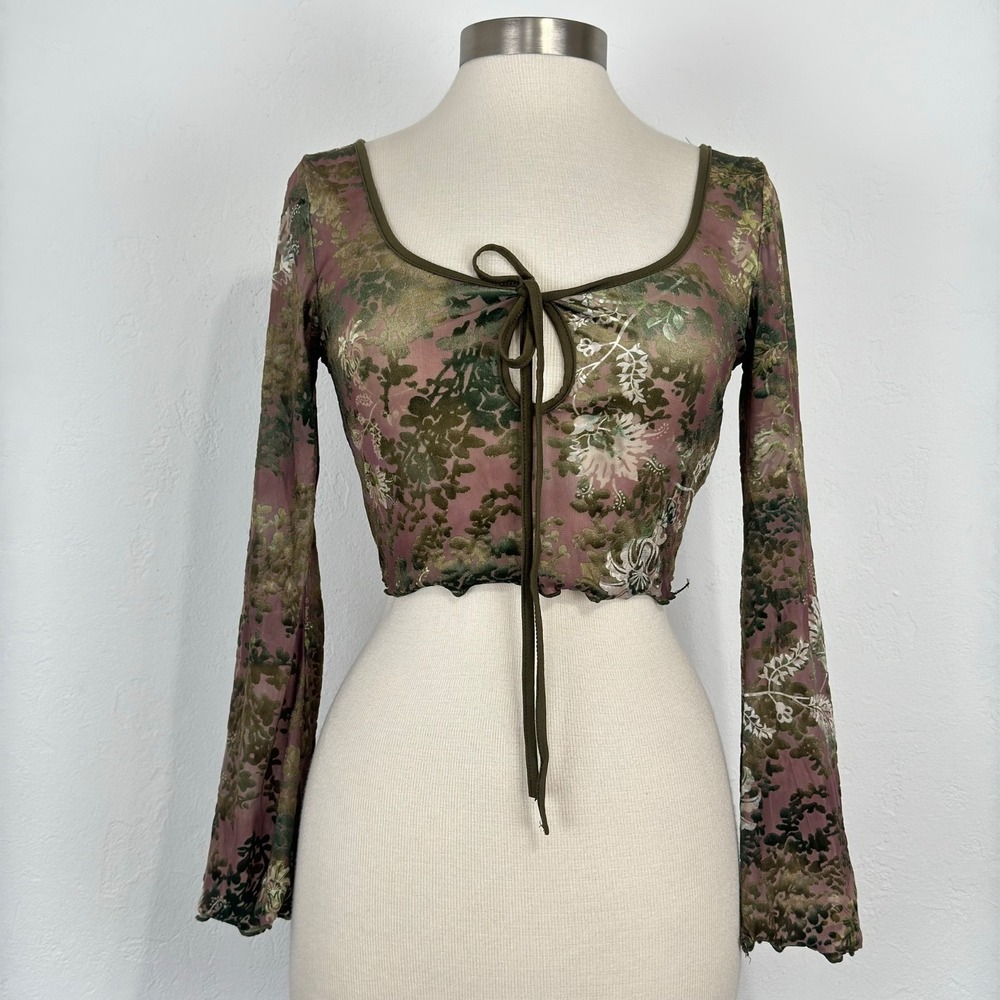 Whimsigoth Fairy Grunge Top Size Small Brown Sheer Floral Whimsical Lettuce Hem